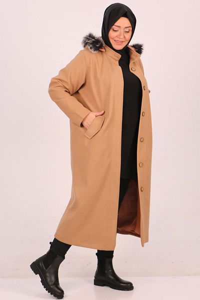 Eslina 33070 Mink Plus Size Stamp Coat - με αποσπώμενη κουκούλα και λεπτομέρεια με κουμπιά