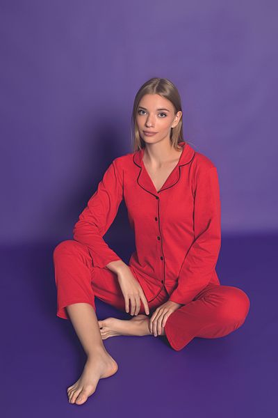 TEKNUR Red Color Front Buttoned Long Sleeve Pajama Set