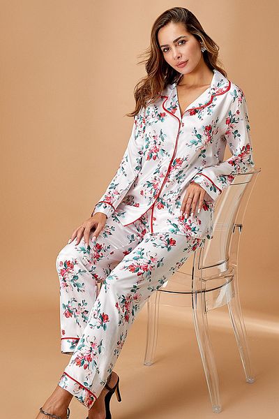 Nurteks 5654X Women's Plus Size Satin Front Button Long Sleeve Pajamas Set-Ecru