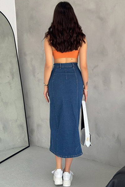 MissThetis Yüksek Bel Önü Düğmeli Likralı Yıkamalı Şık ve Cool Uzun Jean Kot Kalem Etek