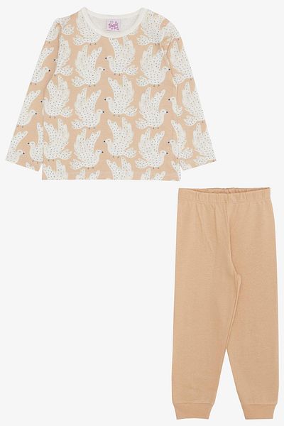 Breeze 1-3 Years Girl's Cute Pigeon Patterned Beige Pajama Set