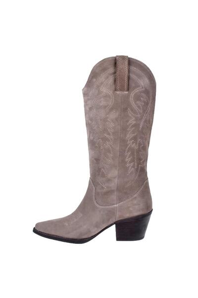 pullman Hakiki Deri İşlemeli Western Kadın Çizme PLM-011 VİZON SÜET