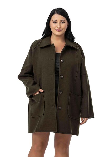 DISENTIS MODEST Plus Size Shirt Collar Raglan Sleeves Bag Pocket Unlined Stamp Short Khaki Coat