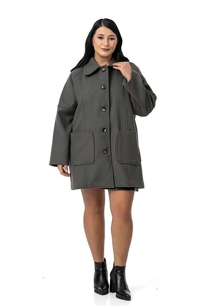 DISENTIS MODEST Plus Size Shirt Collar Raglan Sleeve Bag Pocket Unlined Stamp Short Gray Coat