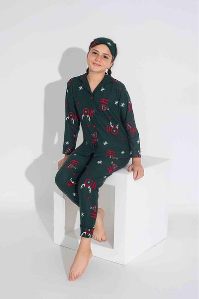 Tarık Green Suede Pajama Set - Shirt Collar, Long Sleeve, Neck Buttoned