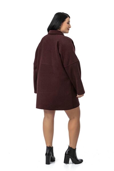 DISENTIS MODEST Plus Size Shirt Collar Raglan Sleeve Bag Pocket Unlined Stamp Short Burgundy Coat