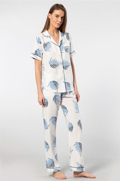 TÜREN Türen 3604 Women's Ecru Shirt and Pajama Set - Short Sleeve Woven