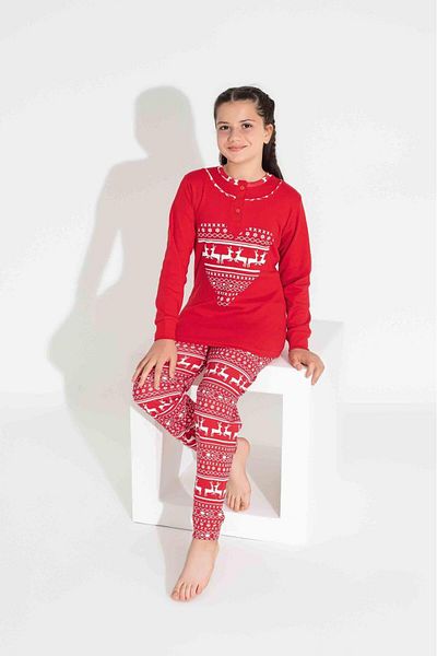 Tarık 100% Cotton Long Sleeve Red Heart Deer Patterned Pajama Set for Girls