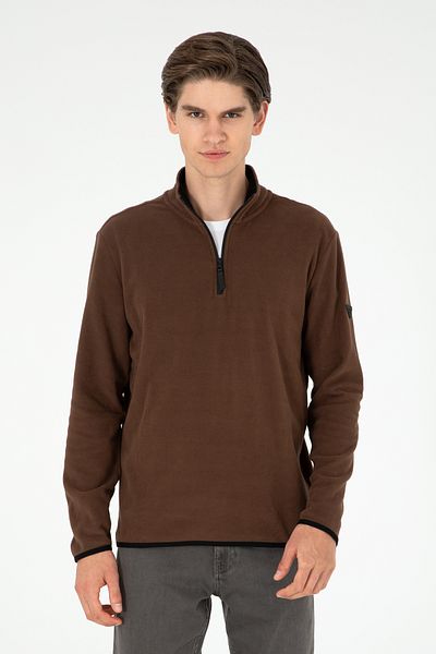 U.S. Polo Assn. سويت شيرت من الصوف الأساسي باللون البني بنصف سحاب للرجال 50298085 -vr029