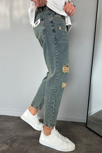 MADZEYMODA Ανδρικό Boyfriend Fit Μπλε σκισμένο λεπτομερές τζιν παντελόνι KE-403