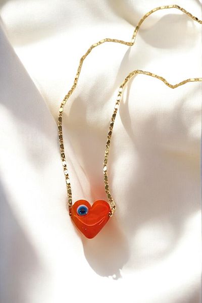 PETEK AKSESUAR Murano Glass Chain Necklace - Evil Eye Heart Handmade
