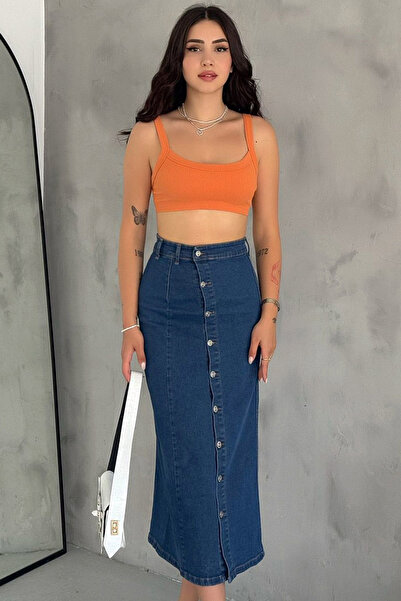 MissKybele Önü Boydan Düğmeli Yüksek Bel Yıkamalı Likralı Esnek Cepsiz Tarz Uzun Bilek Boy Denim Jean Kot Etek