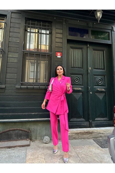 Bella Breeze Women's Brooch Detailed Tie-Up Jacket Pants Suit