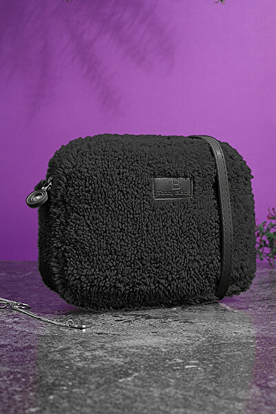 Tonny Black Original Furry Plush Mini Urban Crossbody Adjustable Strap Zippered Plush Model Shoulder Bag