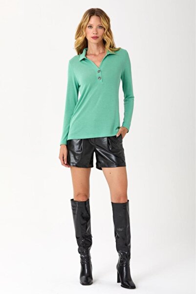 İKİLER Önü Düğmeli Uzun Kol Gömlek Yaka Bluz 245-1011