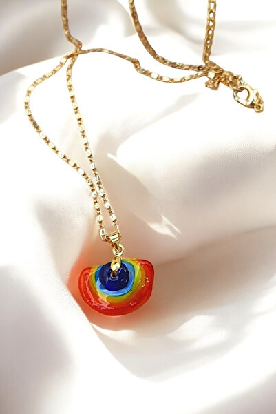 PETEK AKSESUAR Gökkuşağı El Yapımı Murano Cam Zincir Kolye Turuncu