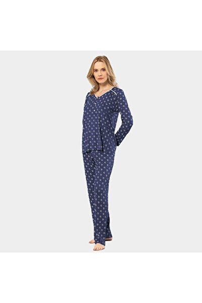 TÜREN Σετ πιτζάμες με μακρυμάνικο μπλε ναυτικό με λουλουδάτο μοτίβο - 3382