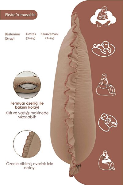 mordesign Fırfırlı Emzirme Yastığı, Bebek Destek Minderi, Hamile Yastığı, Pamuk Kumaş, Ruffle Seri, Kapiçino