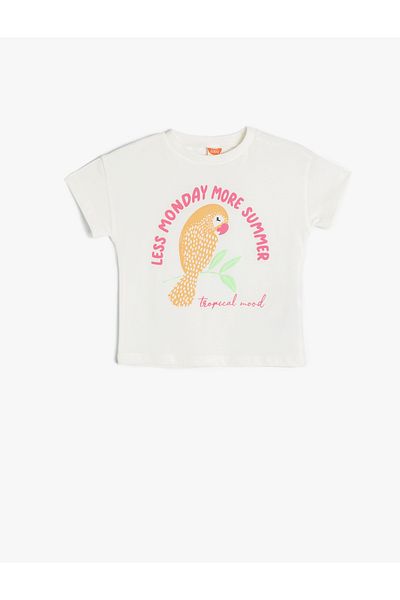 Koton Parrot Printed Cotton Short Sleeve T-Shirt - Crew Neck