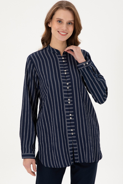 U.S. Polo Assn. Kadın Lacivert Uzun Kollu Çizgili Tunik Gömlek 50290024-VR033