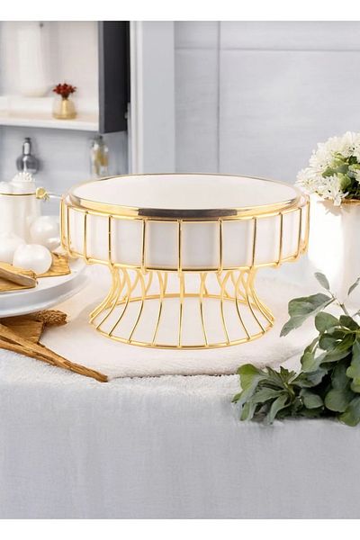 Ramo's Autumn Gold Detailed - Life Tree Patterned Porcelain Round Fruit Bowl with Metal Stand Presentation Serving Bowl