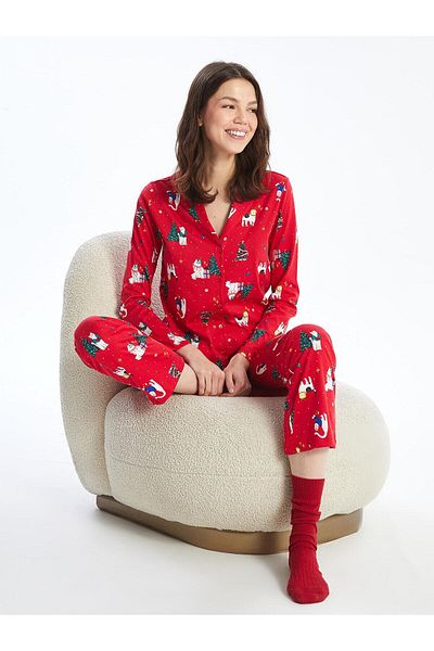 LC Waikiki Lcw Young Printed Shirt Collar Christmas Themed Women's Pajamas Set