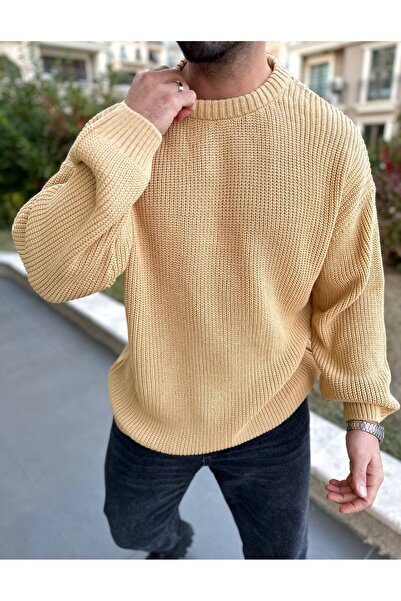 elkumoda Kazak Oversize Çift Kat Örme Naturel Pamuk Bisiklet Yaka Bol Kesim T...