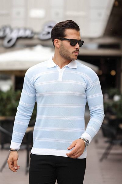 ROBERTO BORNOVA Pulover tricotat cu nasturi cu gât polo în dungi