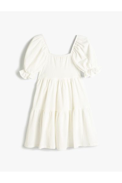 Koton Square Neck Ruffle Detailed Short Balloon Sleeve Dress