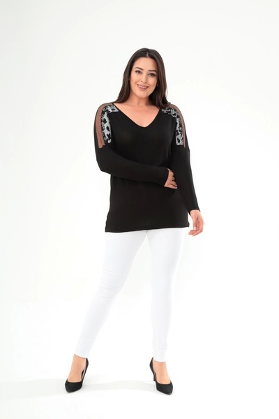 aytemas Shoulder Tulle Detailed Stone Printed Blouse