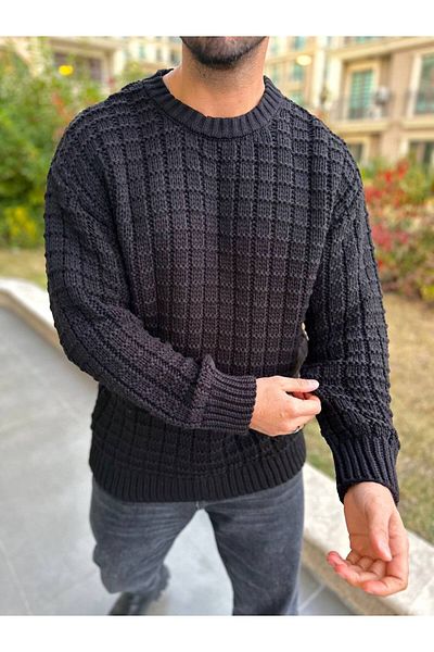elkumoda Pulover supradimensionat din bumbac natural - model tricot pătrat, gât crew, tricotaje largi care nu se pilulează