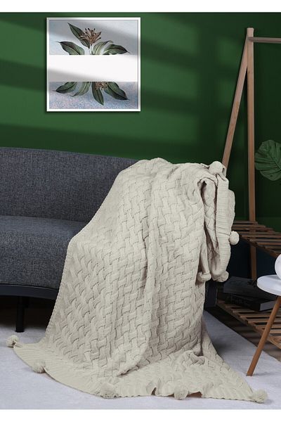 YGT Home Beige Lavender Wrap 10 Pompom Knitwear with Tv Blanket - Seat Cover and Leg Shawl