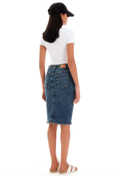 CoolLook Yıkamalı Yüksek Belli Önü Yırtmaçlı Likralı Fermuarlı Cepli Diz Altı Midi Boy Jean Kot Etek