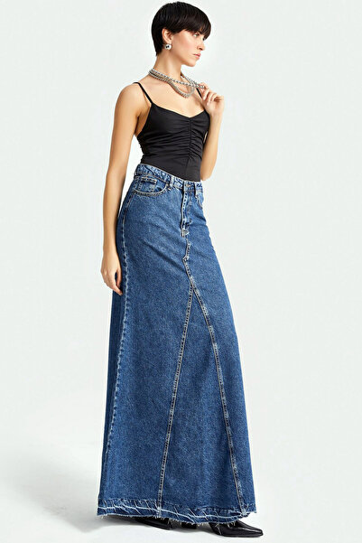 CoolLook Maksi Boy Yüksek Belli Likrasız Yıkamalı Cepli Rahat Fermuarlı Uzun Balık Form Jean Kot Etek