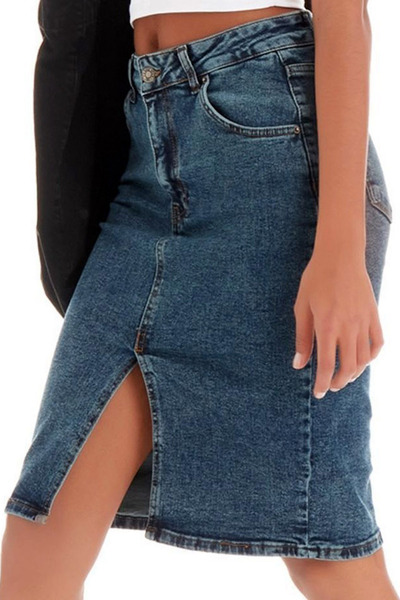 CoolLook Yıkamalı Yüksek Belli Önü Yırtmaçlı Likralı Fermuarlı Cepli Diz Altı Midi Boy Jean Kot Etek