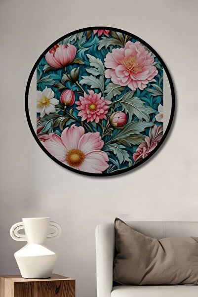 Teona Ahşap Tablou decorativ cu cadru rotund din lemn, aspect cu model floral...