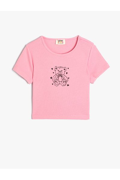 Koton Teddy Bear Printed Cotton Crop T-shirt - κοντό μανίκι, λαιμόκοψη