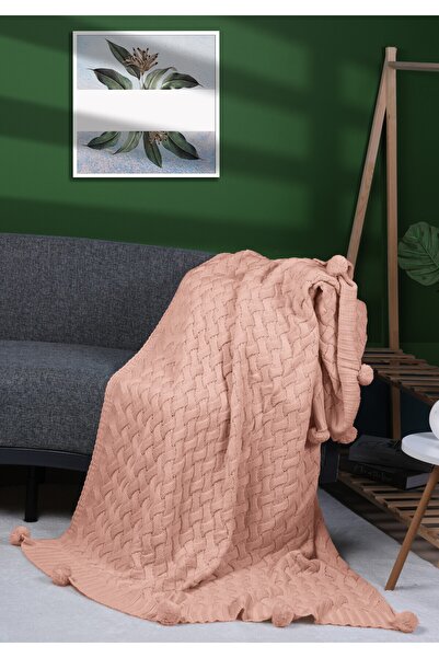 YGT Home Lavanta Sarma 10 Ponpon Triko Örgülü Tv Battaniyesi Pudra | Koltuk Örtüsü - Bacak Şalı