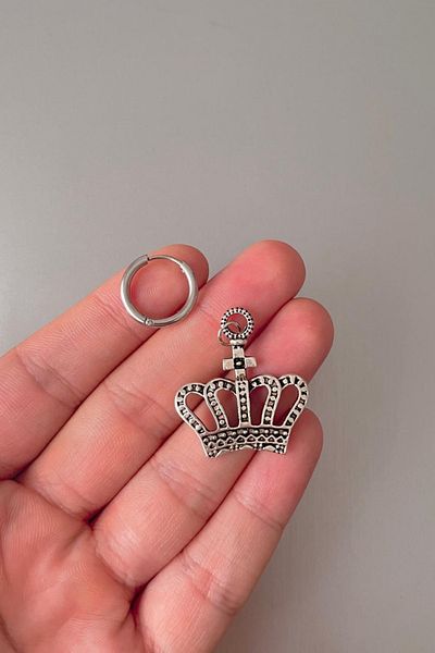Jaida Moda Unisex Silver King Crown Figured Dangle Steel Hoop Earrings