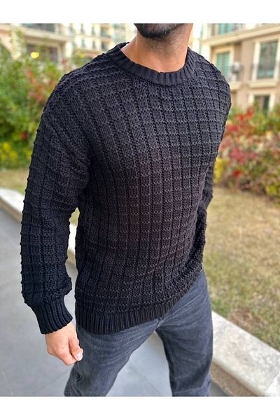 elkumoda Pulover supradimensionat din bumbac natural - model tricot pătrat, gât crew, tricotaje largi care nu se pilulează