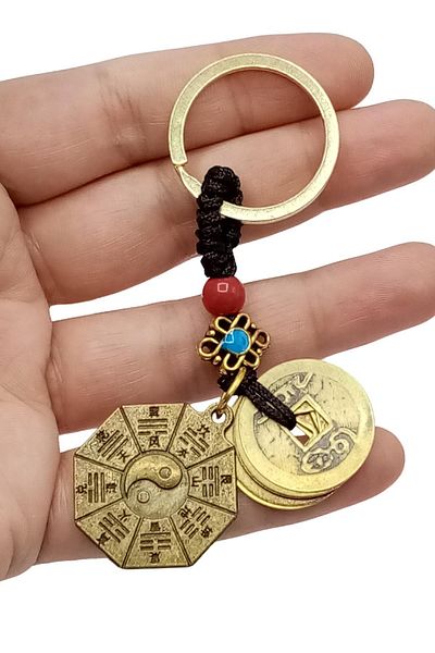 Dünyadan Hediyeler Feng Shui Metal Keychain - Luck Coin & Bagua Mirror No.1
