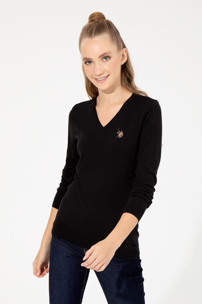 U.S. Polo Assn. Women's Black V-Neck Basic Sweater 50255648 -Vr046