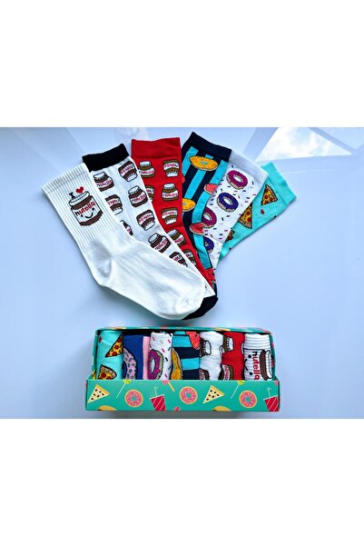SocksandMore Abur Cubur Renkli 6'lı Çorap Kutusu Unisex Soket Desenli