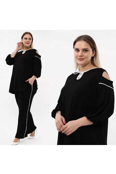 BİrHoşButik Plus Size Full Lycra Pre-Lace Shoulder Open Bol Cut Trend Imported Viscose Fabric V-Neck Suit