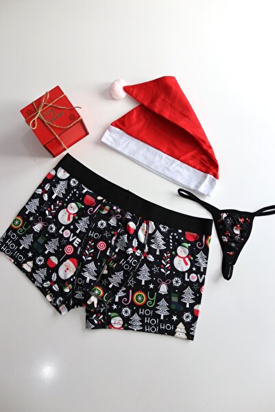 Genel Markalar Yılbaşı Özel Kutusunda 3'lü Noel Seti - Desenli Boxer   - Tanga ve Şapka