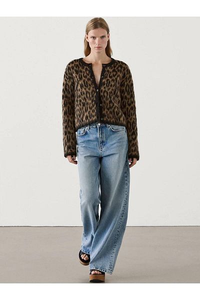 motina Brauner Woll-Cardigan mit Leopardenmuster und Rundhalsausschnitt – Damen