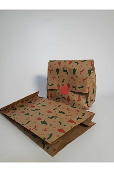 Dekals 100 Adet Kraft 13x26 Geyik Çam Kar Desenli Dik Duran Hediye Poşeti Hediye Paketi