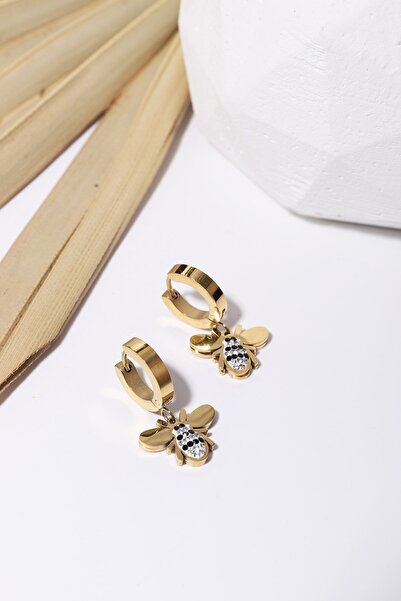 mossomia Altın Kaplama Arı Detaylı Taşlı Çelik Halka Küpe