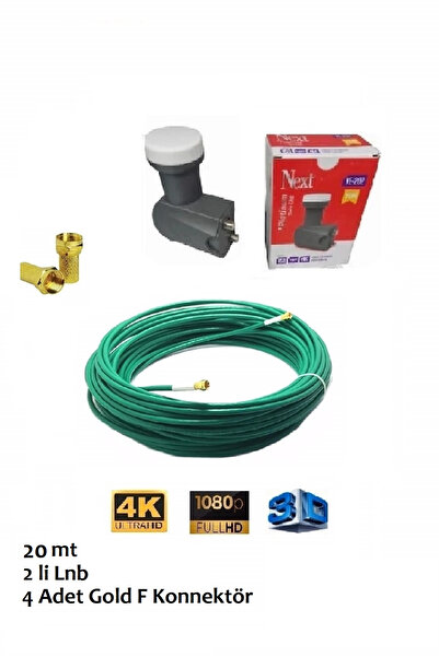 ANKTEK 20 Metre Hazır Anten Kablosu (Yeşil) + 2 li Next-YE202 Lnb + 4 Adet F ...