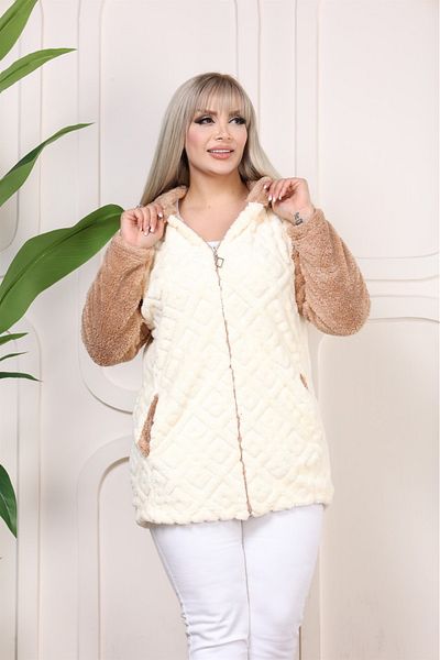 BİrHoşButik Stretchy Lycra Plus Size Women's Clothing - Winter Fleece Cardigan with Soft Pocket, Hooded Zipper